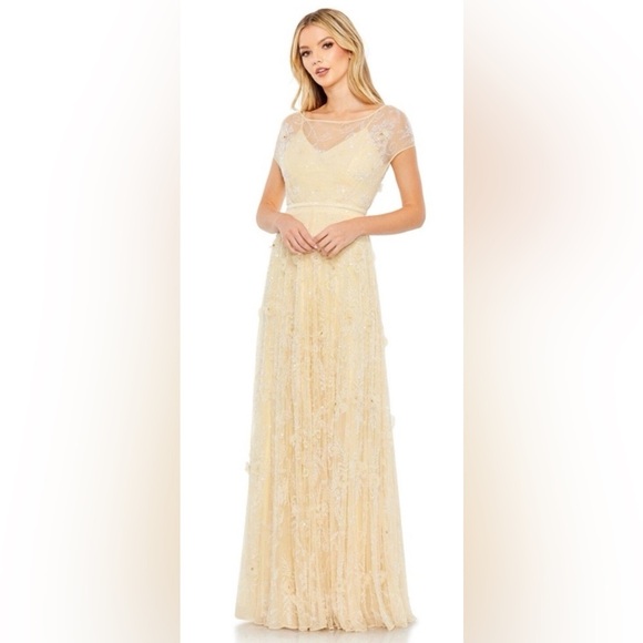 NWT MacDuggal 70274 Plunging Back Floral Sequin Dress Buttercup Yellow 16 $598